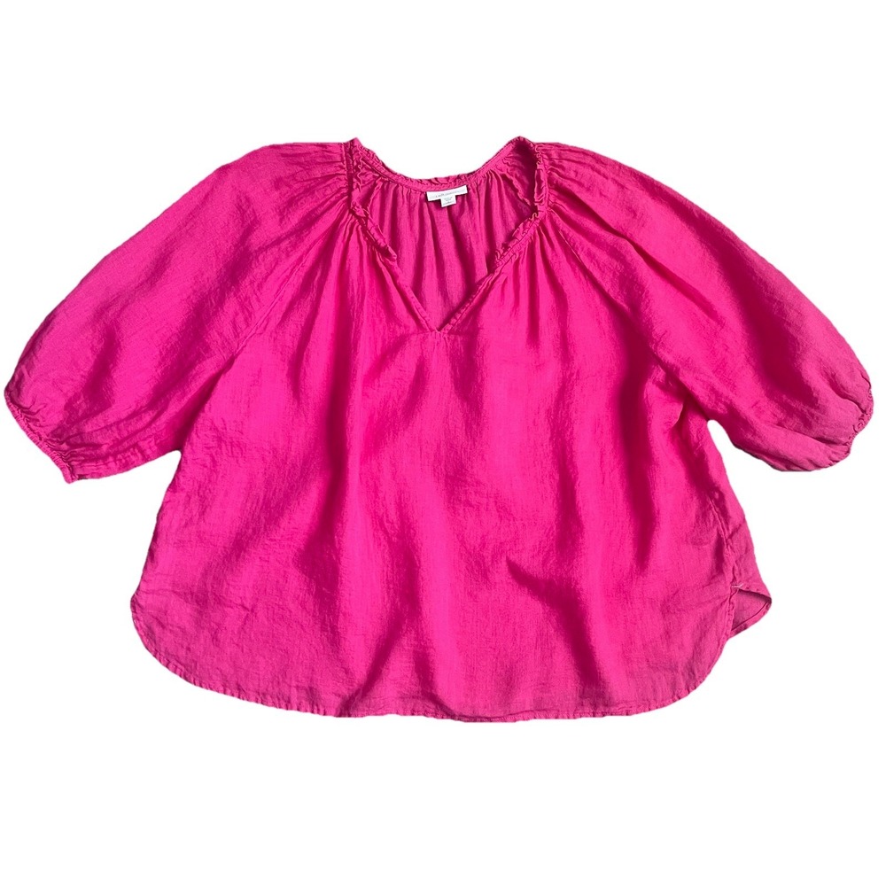J Jill Love Linen Fuschia Blouse Large Petite Elastic Cuffs & V-Neck Neckline